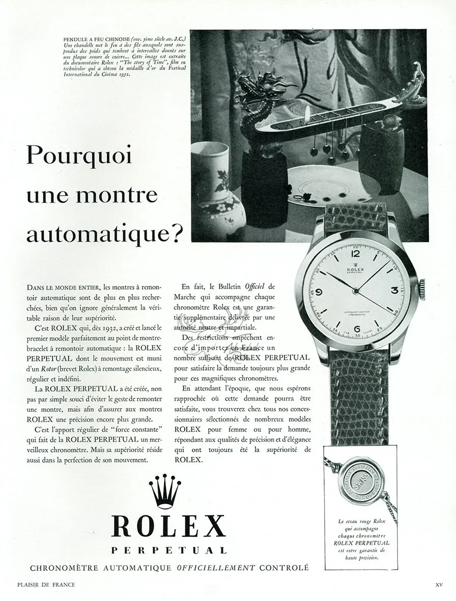 1951 Rolex Perpetual Watch Vintage French Print Advertisement