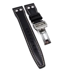 21mm Pilot Style Black Calf Leather Watch Strap For IWC, Rivet Lug, Semi Square Tail