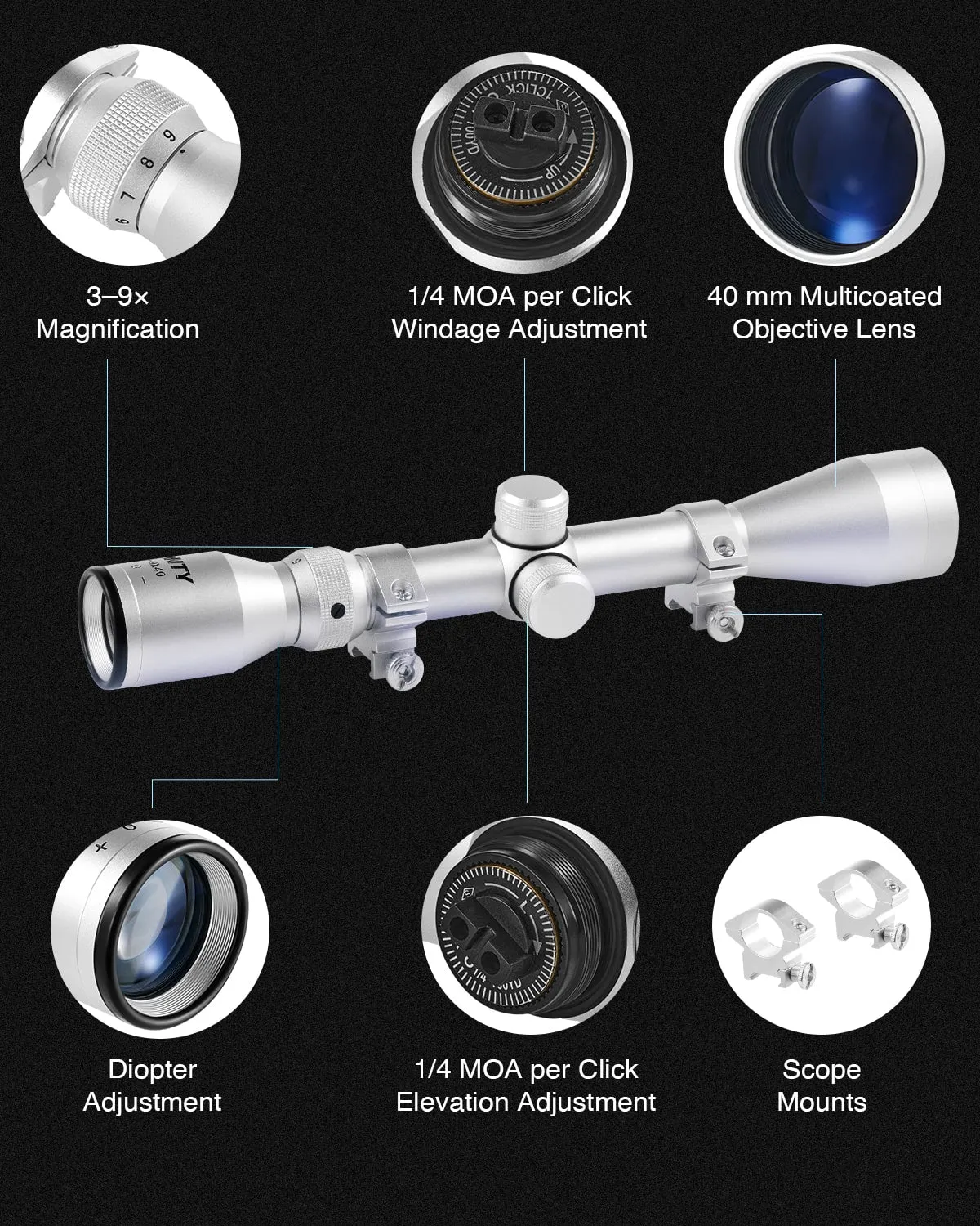 3-9X40 Red Green Rangefinder Illuminated Optical Rifle Scope, Silver