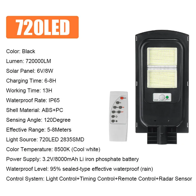 360/720/1080/1440 LED Solar Street Light - Timing & Light Control, Waterproof IP65, Remote Control