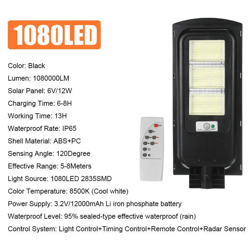 360/720/1080/1440 LED Solar Street Light - Timing & Light Control, Waterproof IP65, Remote Control