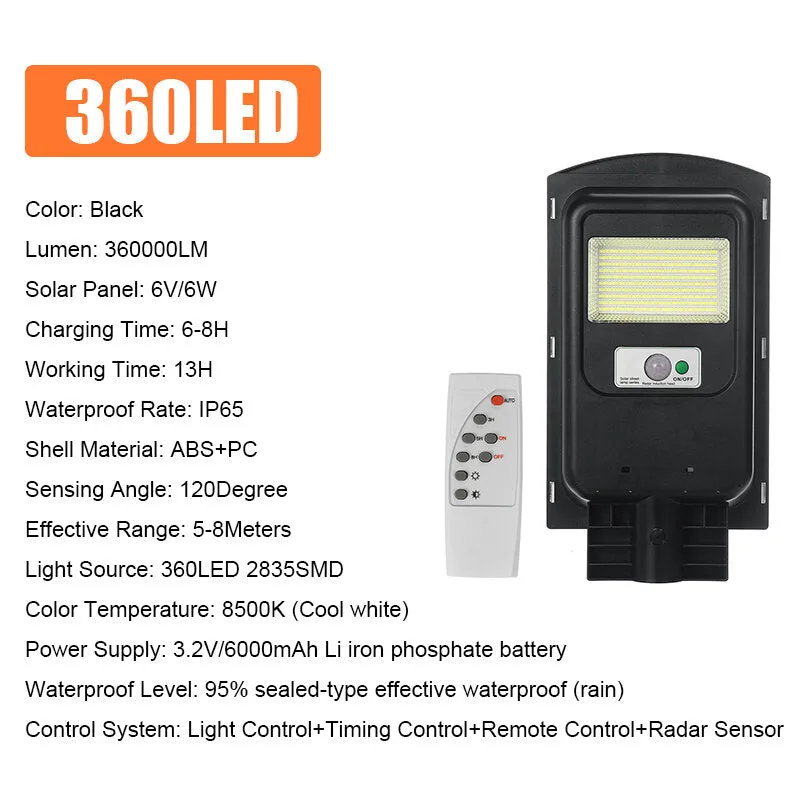 360/720/1080/1440 LED Solar Street Light - Timing & Light Control, Waterproof IP65, Remote Control