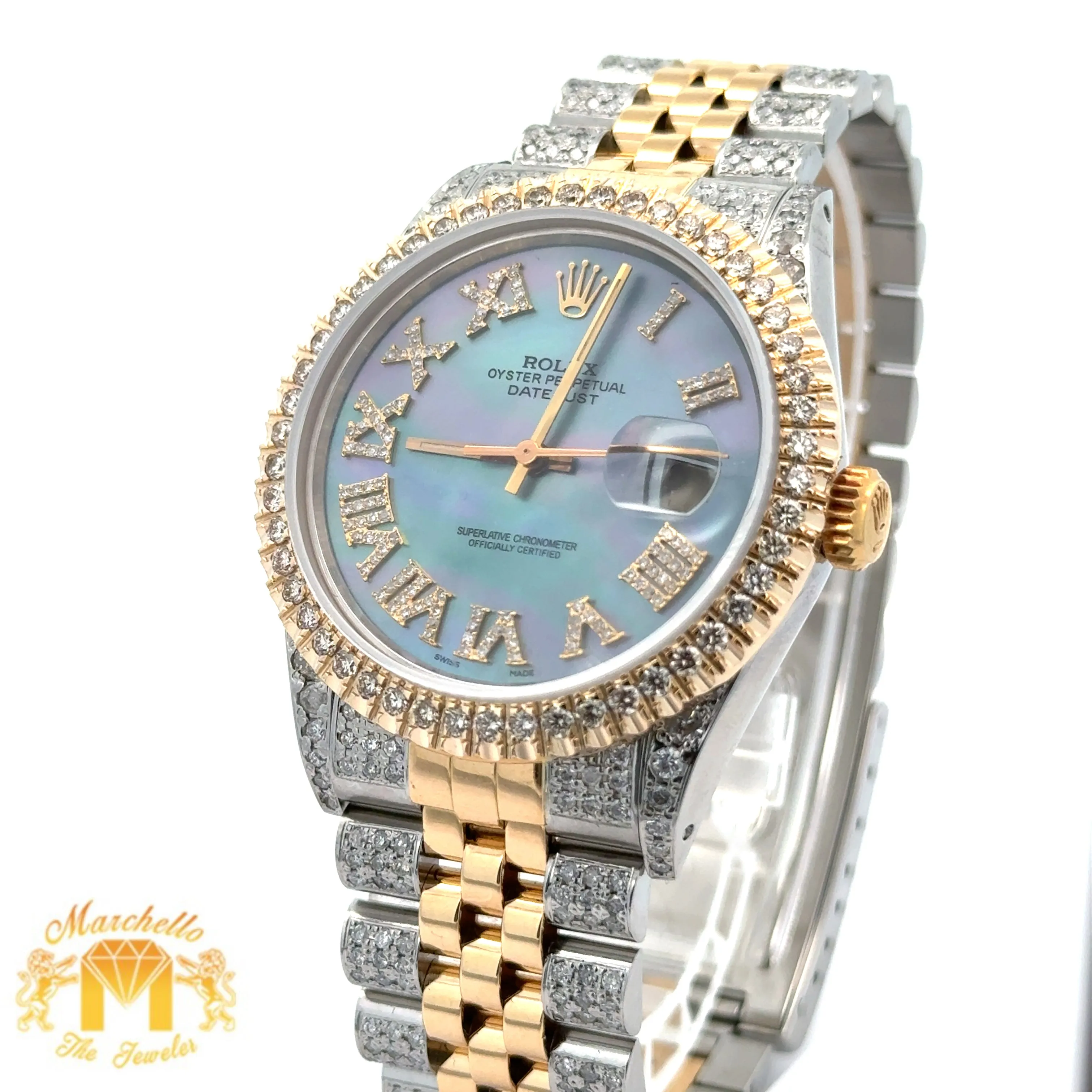 36mm Rolex Diamond Watch with Two-Tone Jubilee Bracelet (Diamond Mother of Pearl Roman dial, diamond bezel)