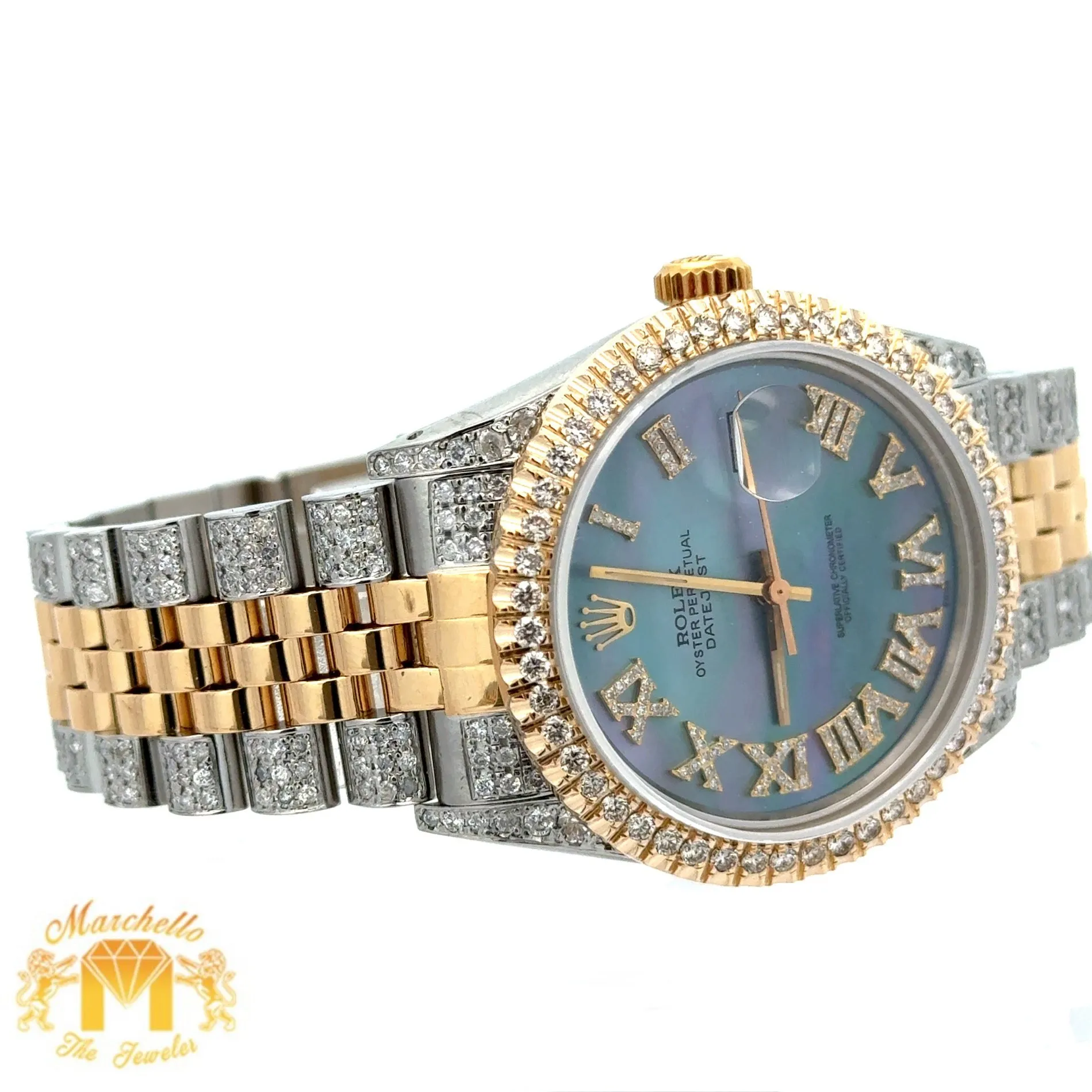36mm Rolex Diamond Watch with Two-Tone Jubilee Bracelet (Diamond Mother of Pearl Roman dial, diamond bezel)