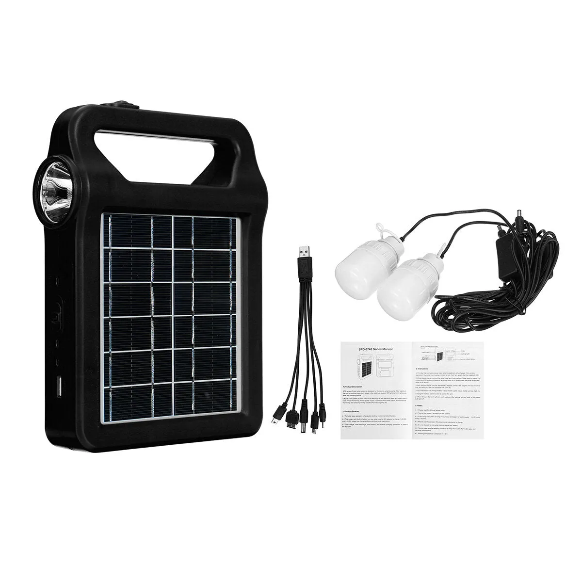 5-in-1 Solar Generator System: Portable Emergency Light & Camping Lamp with 2x 3W LED Bulbs