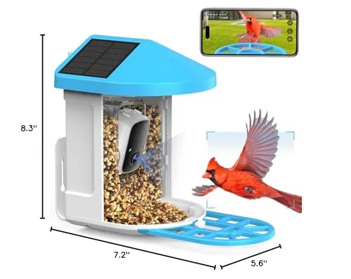 Bird Feeder with Camera Solar Powered, 1080P HD Outdoor Bird Watching Camera Auto Capture Bird Videos and Notify via APP, AI Identify Bird Species, Color Night Vision, Ideal Gift Choice
