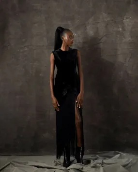 Black Korean Velvet Fringe Dress