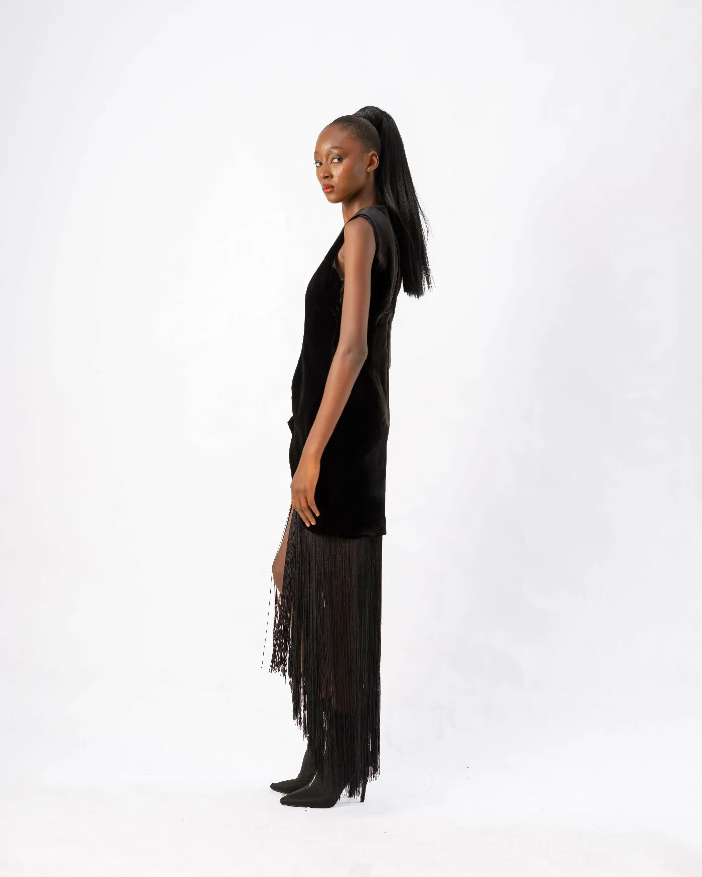 Black Korean Velvet Fringe Dress