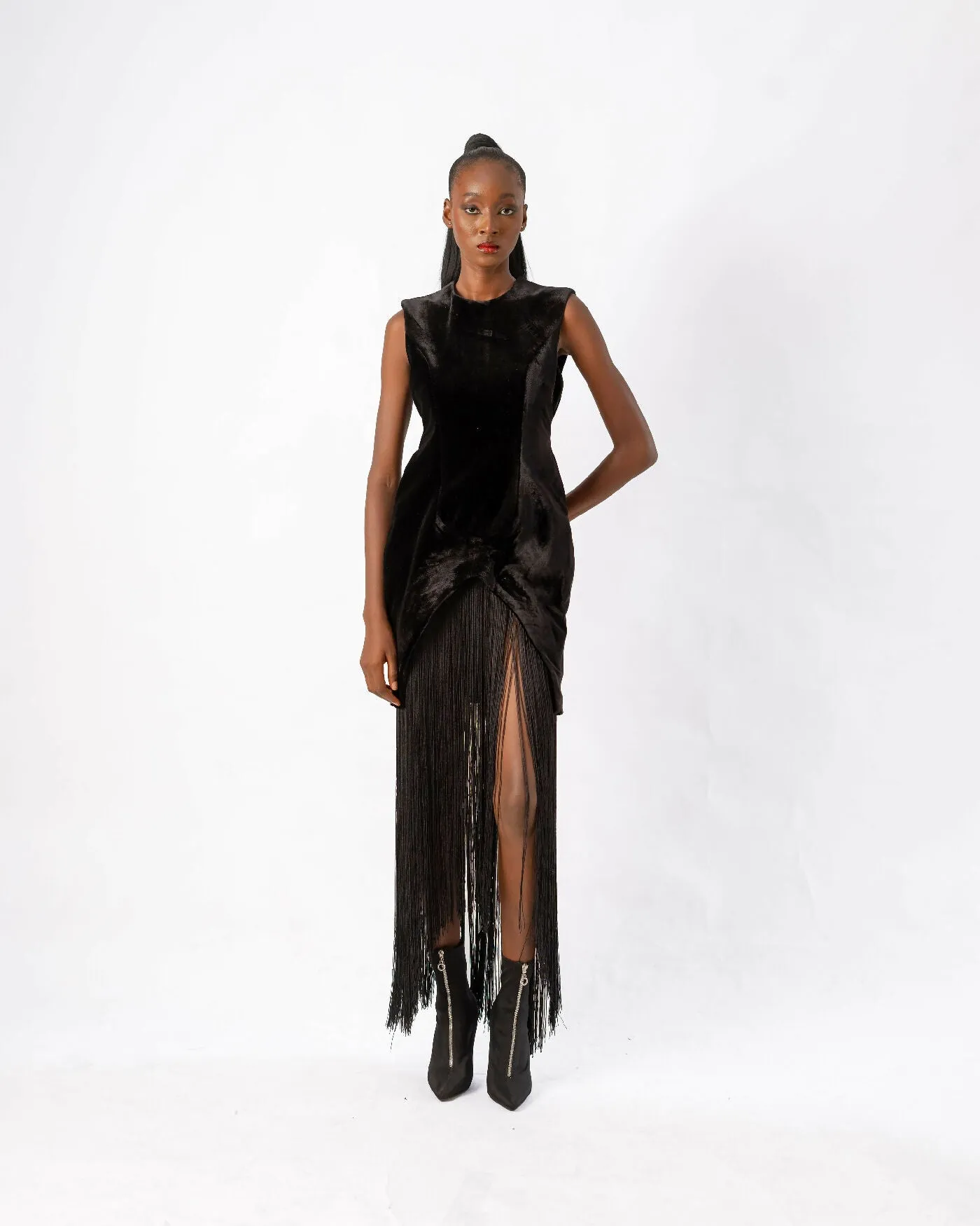 Black Korean Velvet Fringe Dress