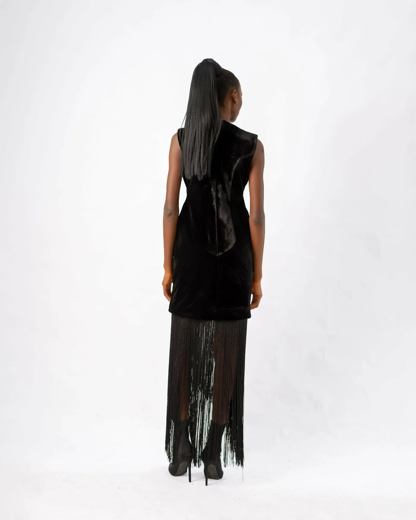 Black Korean Velvet Fringe Dress