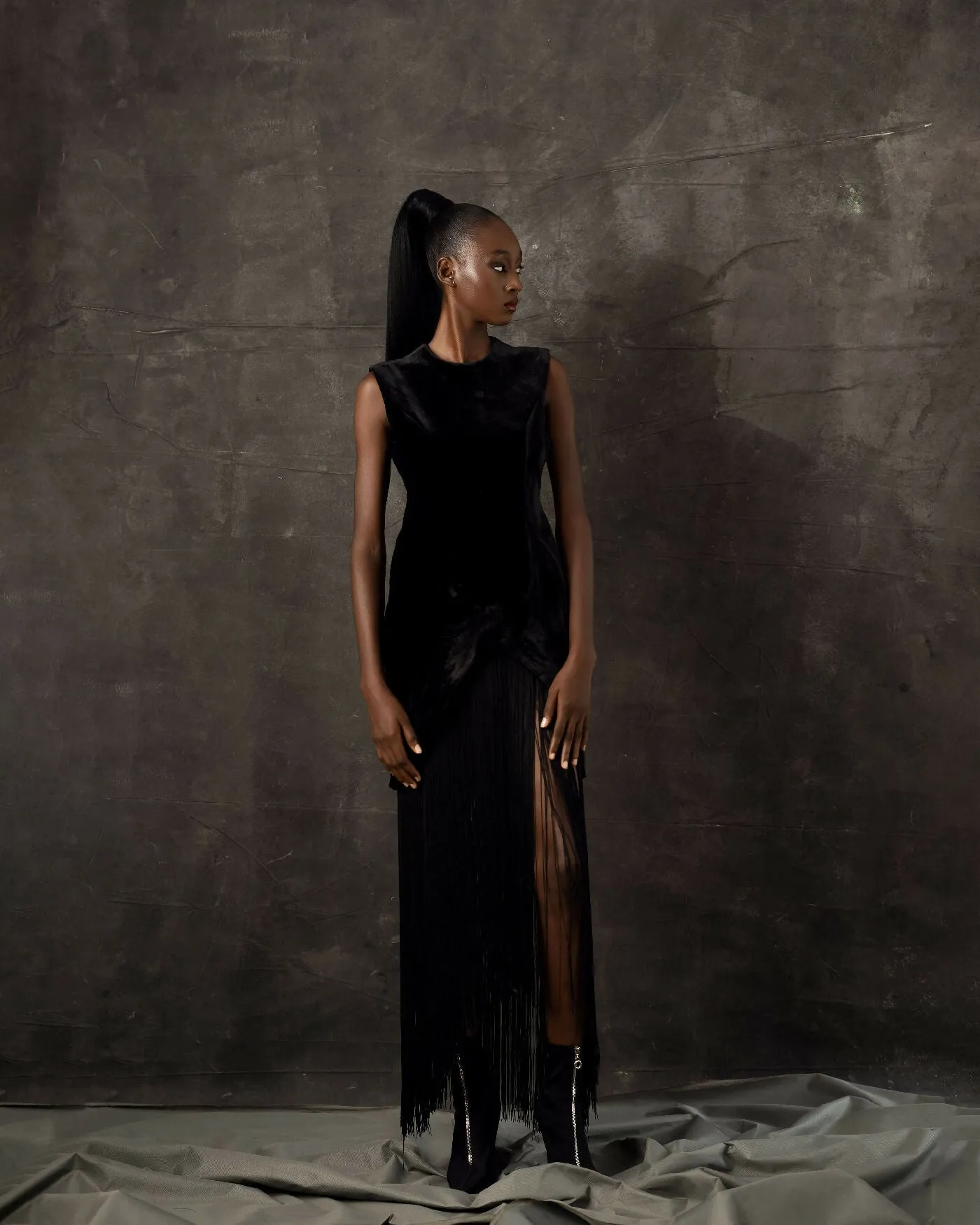 Black Korean Velvet Fringe Dress
