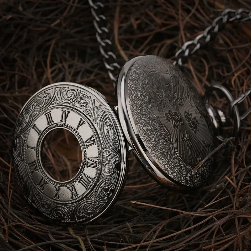 Black Roman Numerals Quartz Pocket Watch