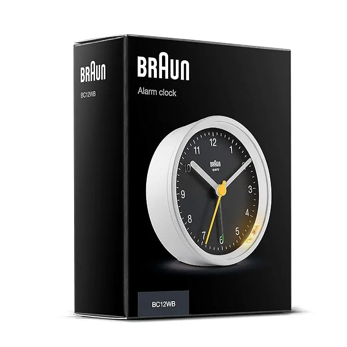 Braun Classic Alarm Clock with Snooze and Light, Crescendo Beep Alarm in White and Black - BC12WB
