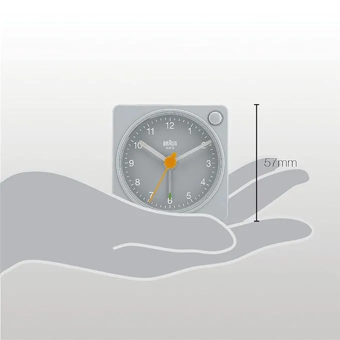 Braun Classic travel Alarm Clock with Snooze and Light, Crescendo Beep Alarm in Grey - BC02XG