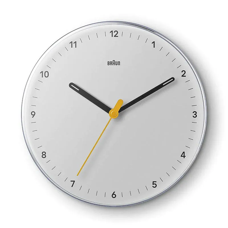 Braun Classic Wall Clock with Silent Sweeping Easy to Read, 23cm Diameter in White - BC26W
