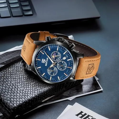 BY BENYAR Watches for Men Chronograph Waterproof Men's Wrist Watches Business Work Casual Sport Fashion Brown Leather Mens Dress Watch Unique Elegant Gifts for Men