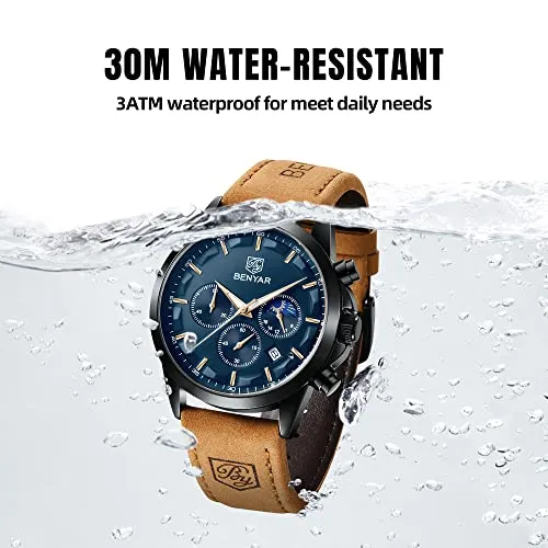 BY BENYAR Watches for Men Chronograph Waterproof Men's Wrist Watches Business Work Casual Sport Fashion Brown Leather Mens Dress Watch Unique Elegant Gifts for Men