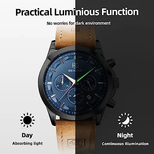 BY BENYAR Watches for Men Chronograph Waterproof Men's Wrist Watches Business Work Casual Sport Fashion Brown Leather Mens Dress Watch Unique Elegant Gifts for Men