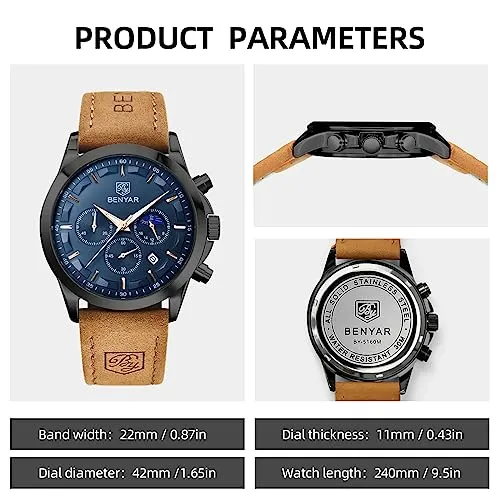 BY BENYAR Watches for Men Chronograph Waterproof Men's Wrist Watches Business Work Casual Sport Fashion Brown Leather Mens Dress Watch Unique Elegant Gifts for Men