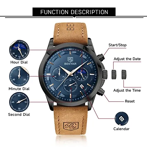 BY BENYAR Watches for Men Chronograph Waterproof Men's Wrist Watches Business Work Casual Sport Fashion Brown Leather Mens Dress Watch Unique Elegant Gifts for Men
