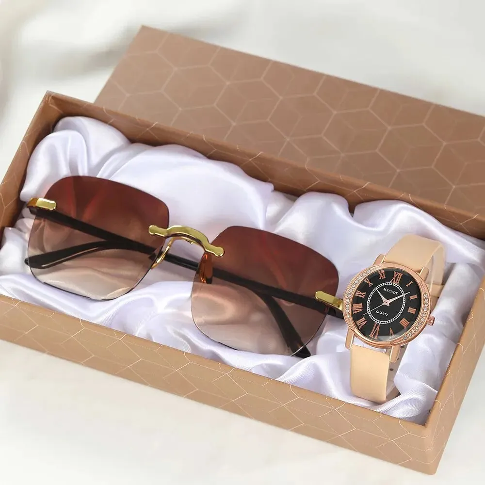 Casual Leather Belt Watch & Glasses Set