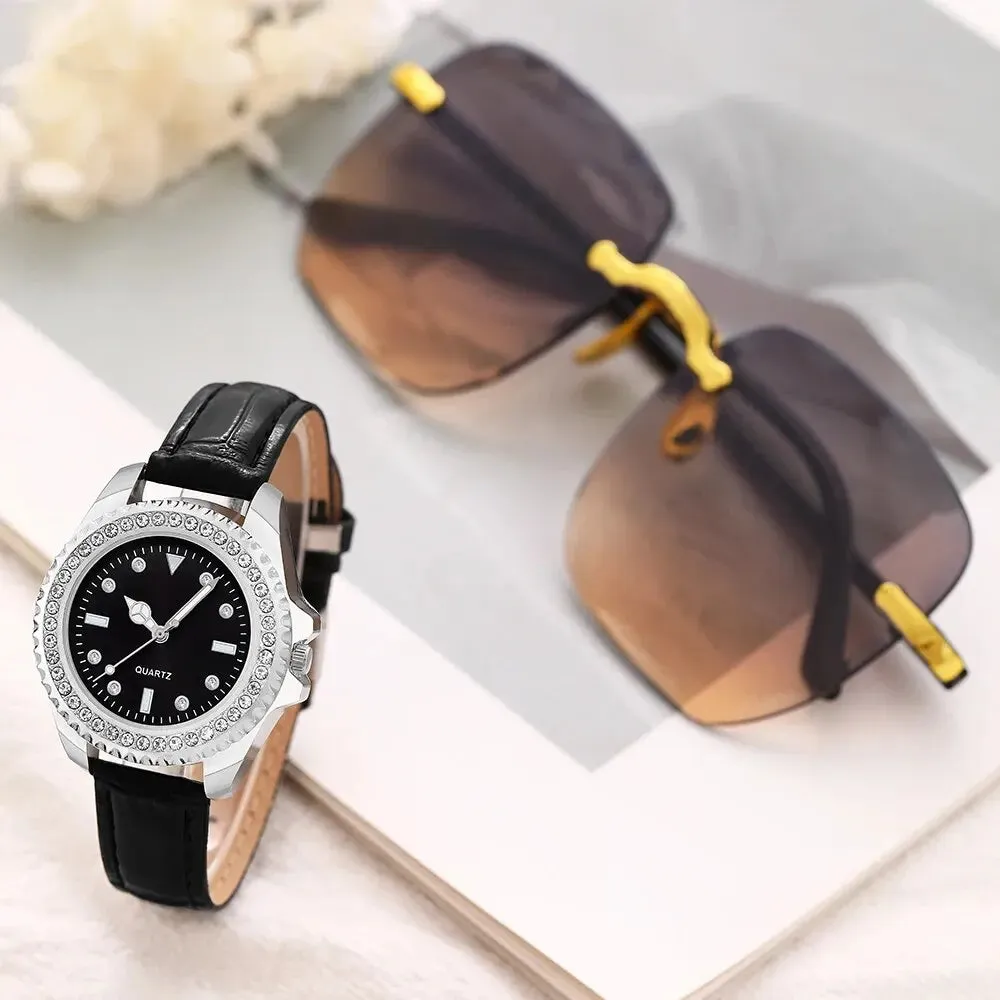 Casual Leather Belt Watch & Glasses Set