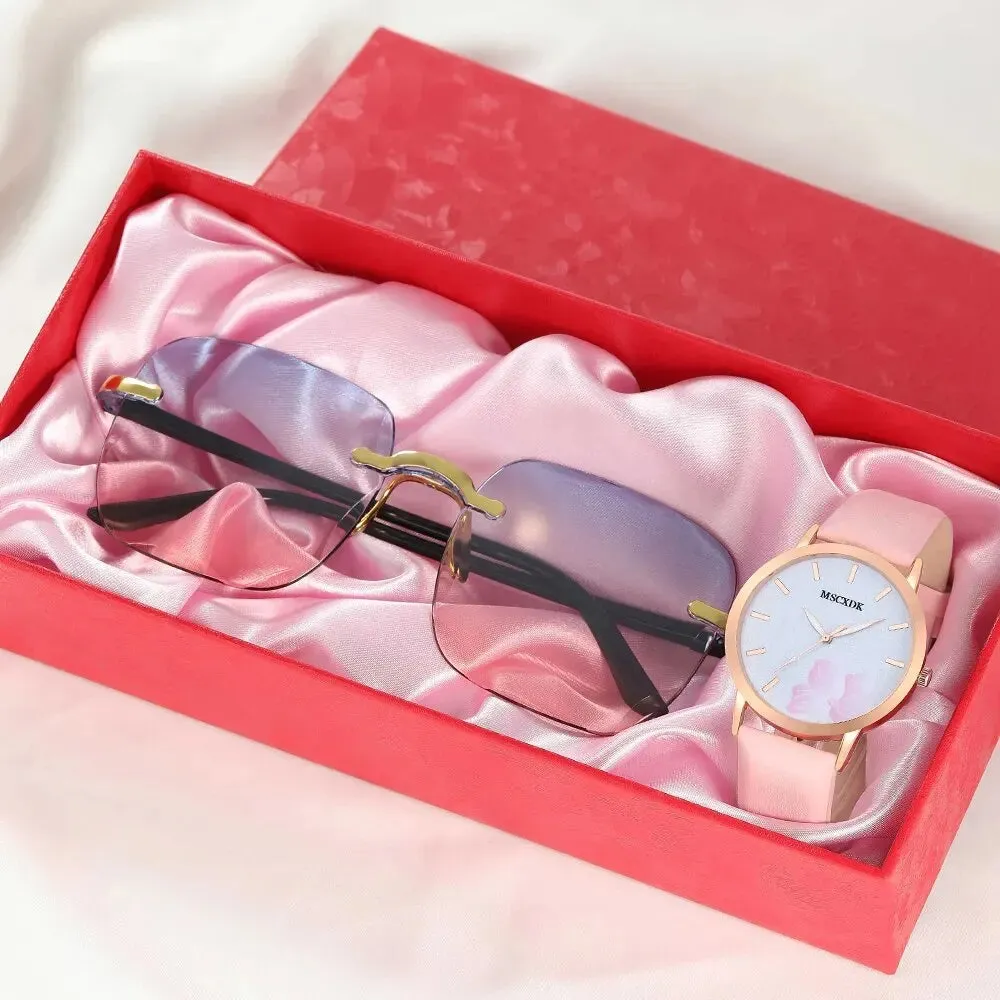 Casual Leather Belt Watch & Glasses Set