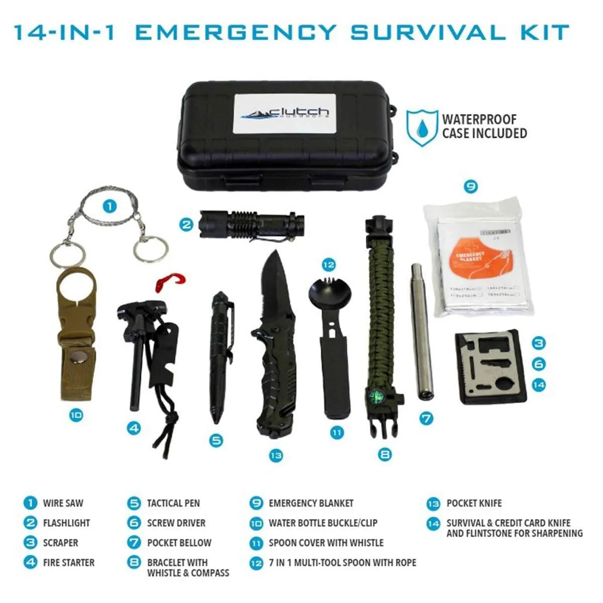 Clutch Outdoors 14-In-1 Emergency Survival Kit
