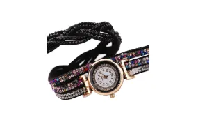 Fashion Rhinestone Weave Multi Layer Faux Leather Bracelet Wrist Watch