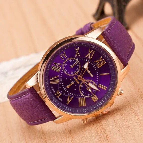 Fashion Women Dress Watches Roman Numeral Dial Leather Quartz Wristwatch Men Casual Geneva Watch
