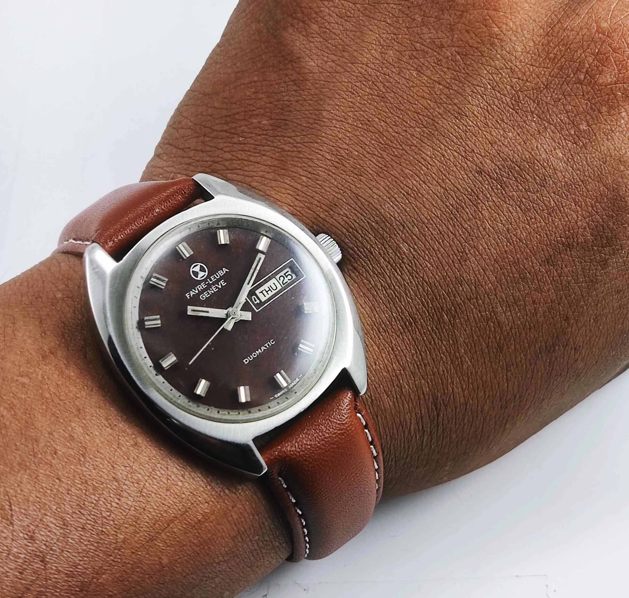 Favre Leuba Duomatic 909 Navy Brown Dial 17 Jewels Men's Automatic Watch