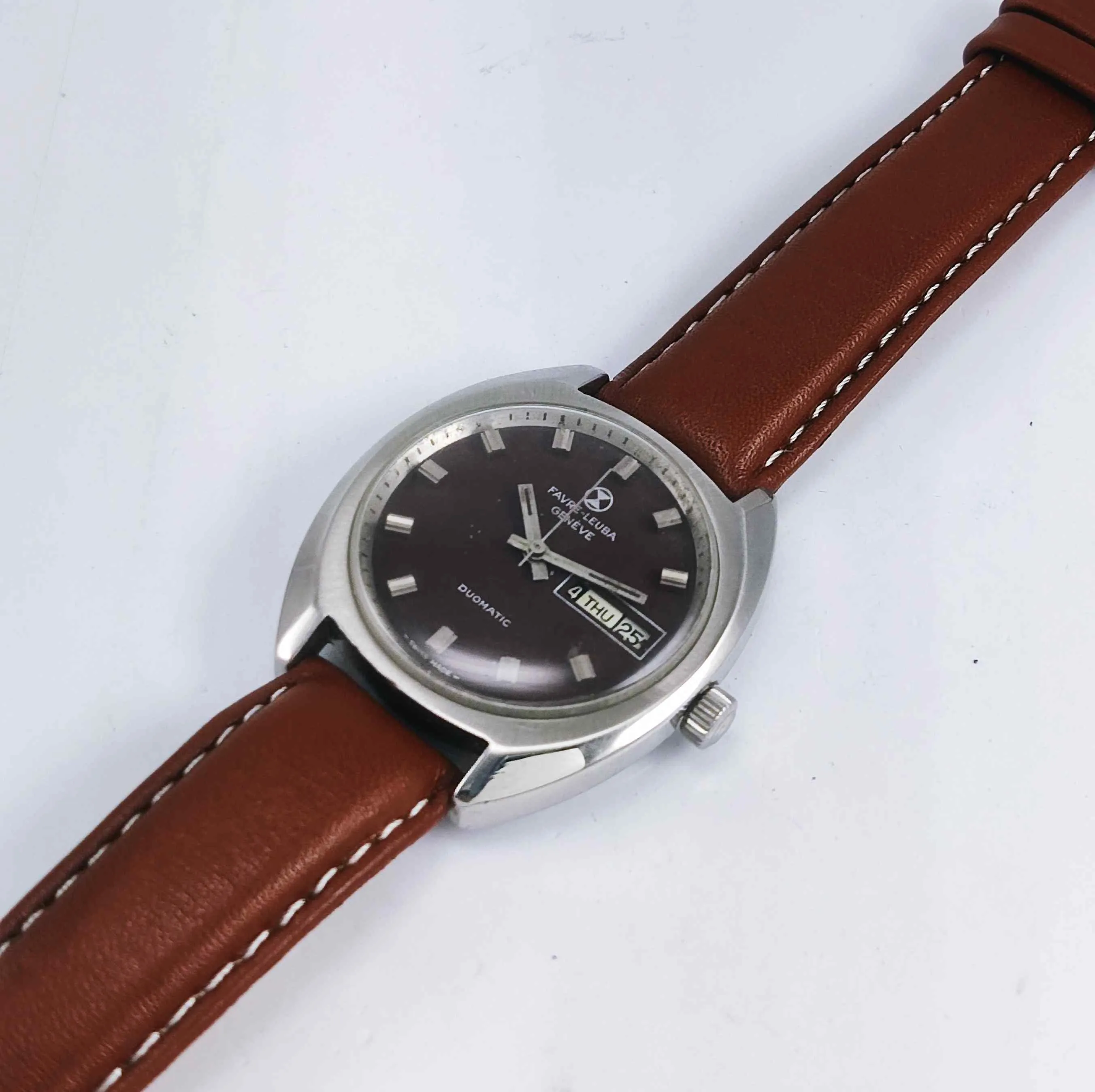 Favre Leuba Duomatic 909 Navy Brown Dial 17 Jewels Men's Automatic Watch