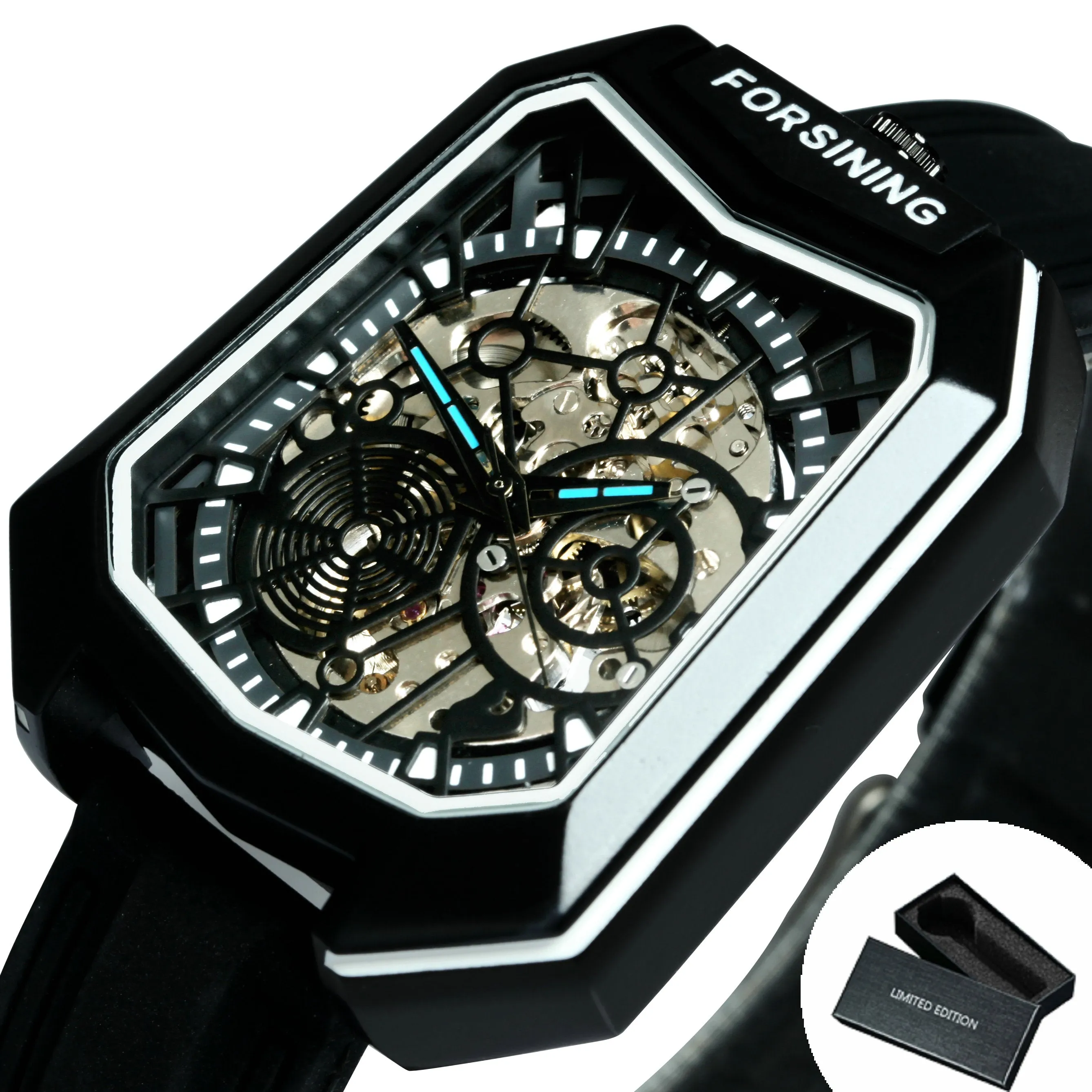Forsining Fashion Outdoor Skeleton Automatic Mechanical Watch for Men TM 455G Casual Rubber Strap Luminous Hands Male Watches