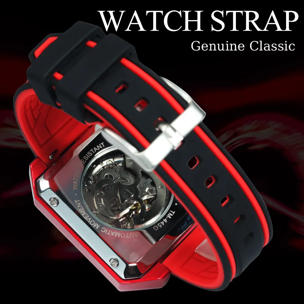 Forsining Fashion Outdoor Skeleton Automatic Mechanical Watch for Men TM 455G Casual Rubber Strap Luminous Hands Male Watches