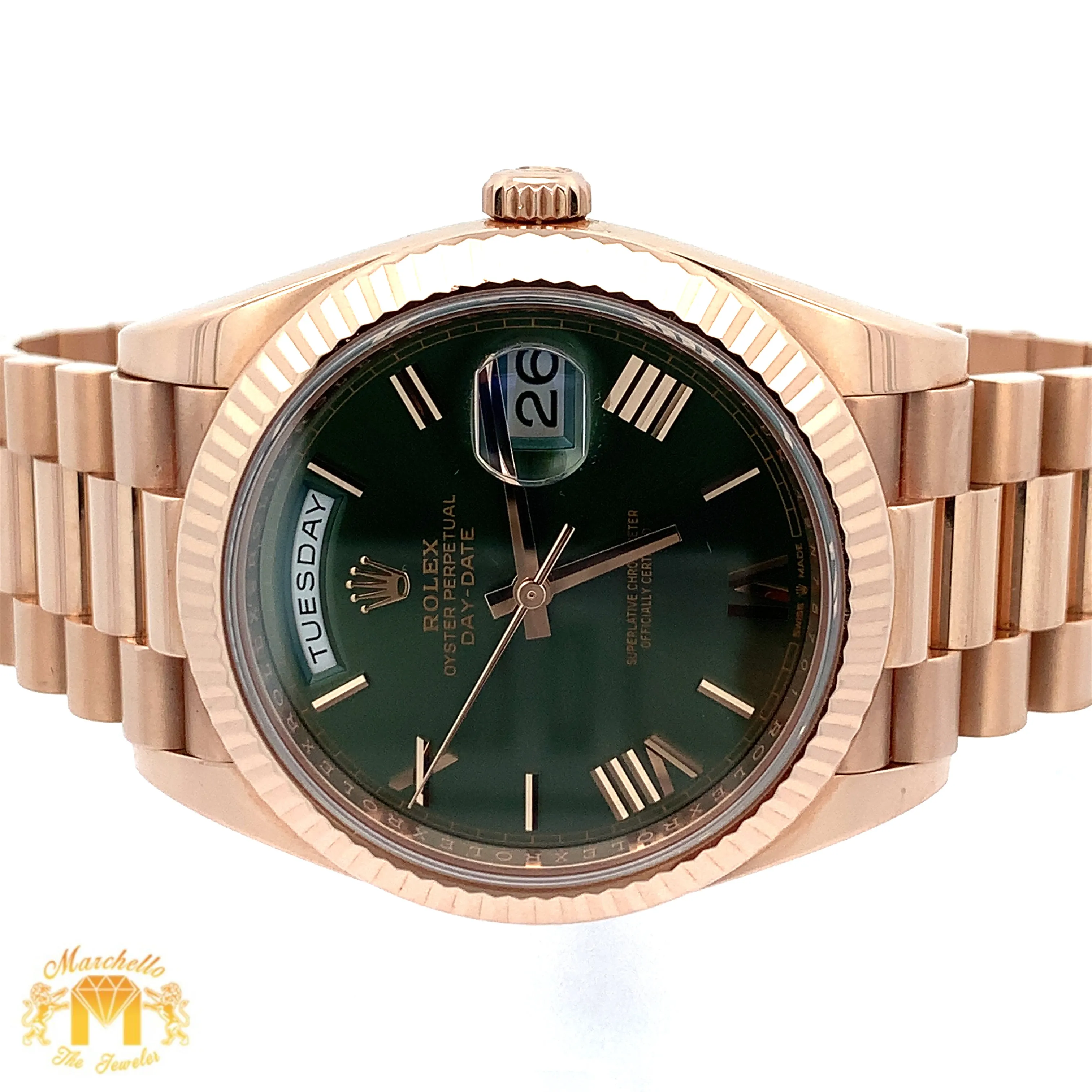 Full factory 40mm 18k Rose Gold Rolex Day-Date Presidential Watch (olive anniversary dial)