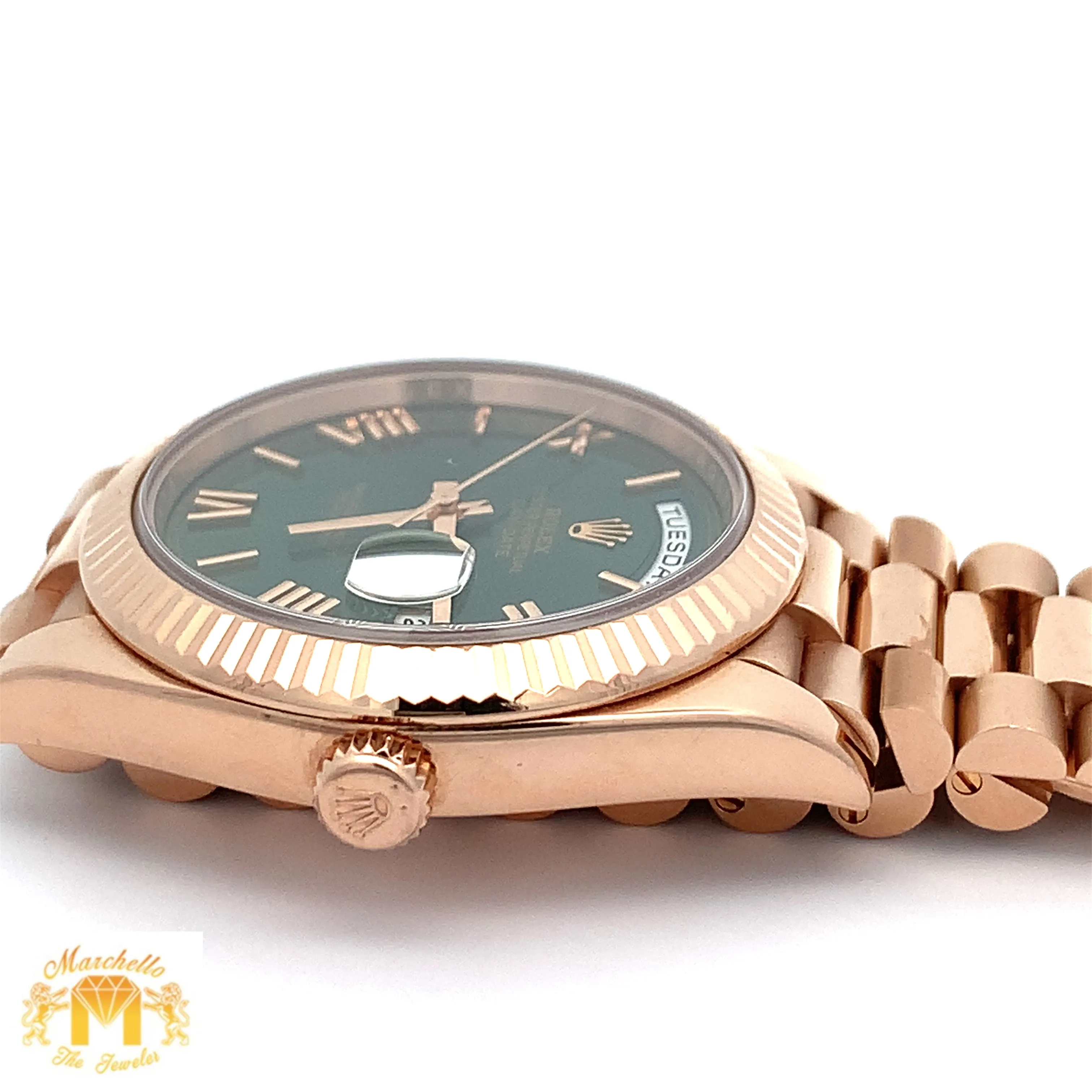 Full factory 40mm 18k Rose Gold Rolex Day-Date Presidential Watch (olive anniversary dial)