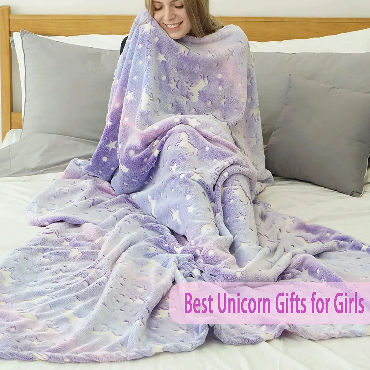Happy Hues® Glow in The Dark Blanket Unicorn-70 x 60 inch/ 180 cm x 152cm Bedroom Décor for Toddler- Kids-Teens Boys & Girls Travel Lightweight Throw Blankets Soft & Fluffy-Purple, Polyester