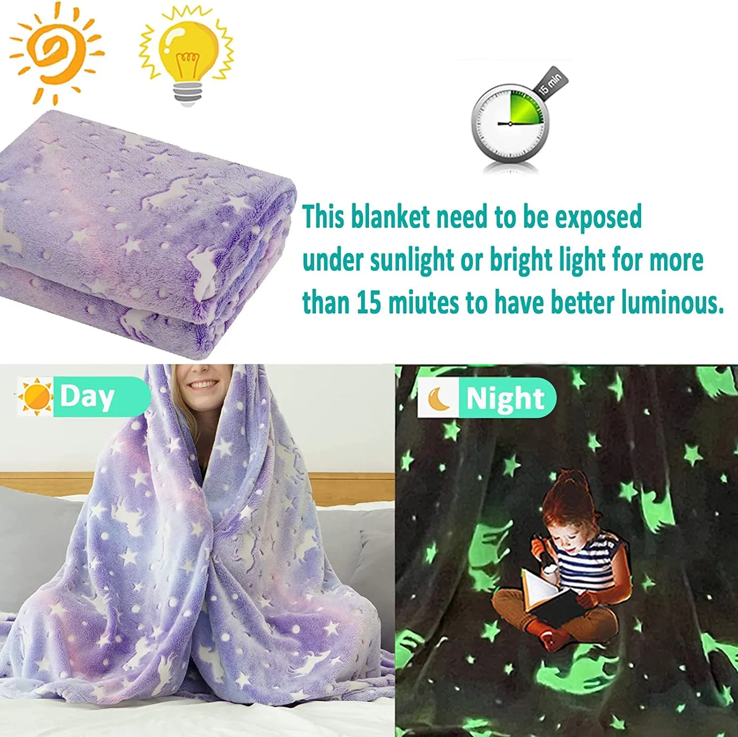 Happy Hues® Glow in The Dark Blanket Unicorn-70 x 60 inch/ 180 cm x 152cm Bedroom Décor for Toddler- Kids-Teens Boys & Girls Travel Lightweight Throw Blankets Soft & Fluffy-Purple, Polyester