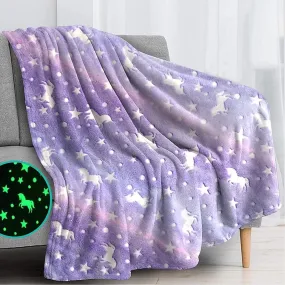Happy Hues® Glow in The Dark Blanket Unicorn-70 x 60 inch/ 180 cm x 152cm Bedroom Décor for Toddler- Kids-Teens Boys & Girls Travel Lightweight Throw Blankets Soft & Fluffy-Purple, Polyester