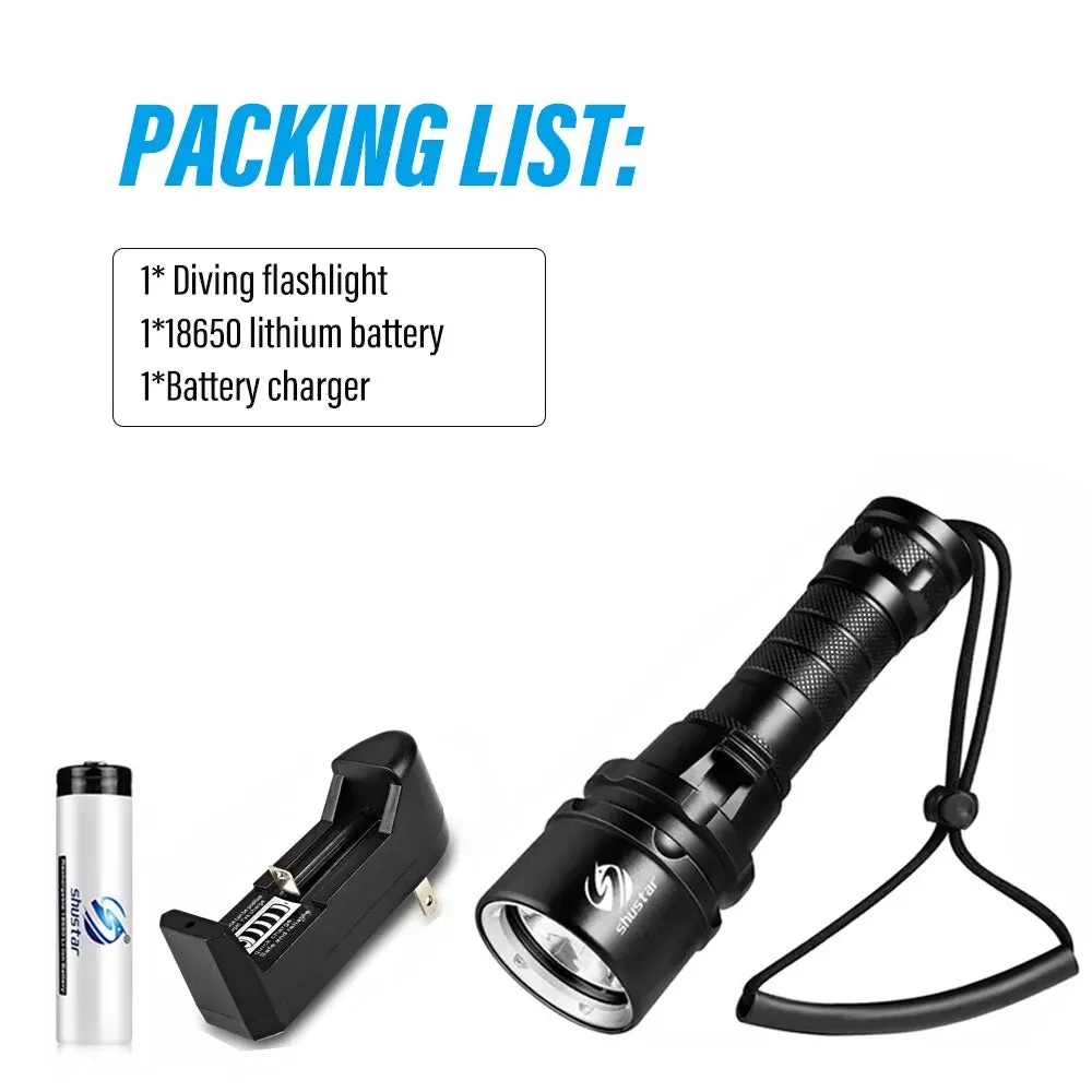 High Power Diving Flashlight IP68 Highest Waterproof Rating Professional Diving Light Powered by 18650 Battery With Hand Rope
