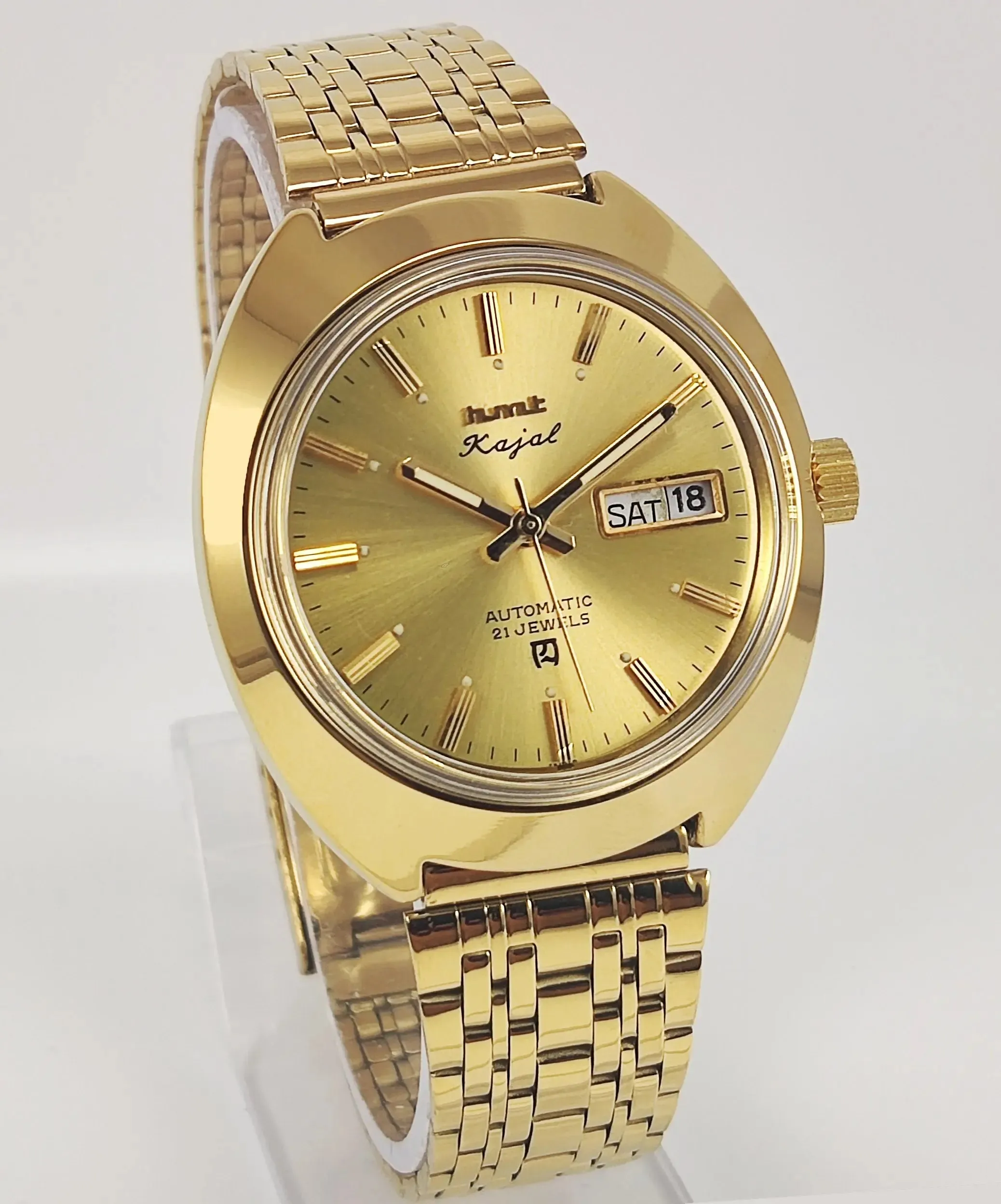 HMT Kajal Para Shock 21 Jewels Golden Dial Day Date Function Mechanical Automatic Men's Wrist Watch