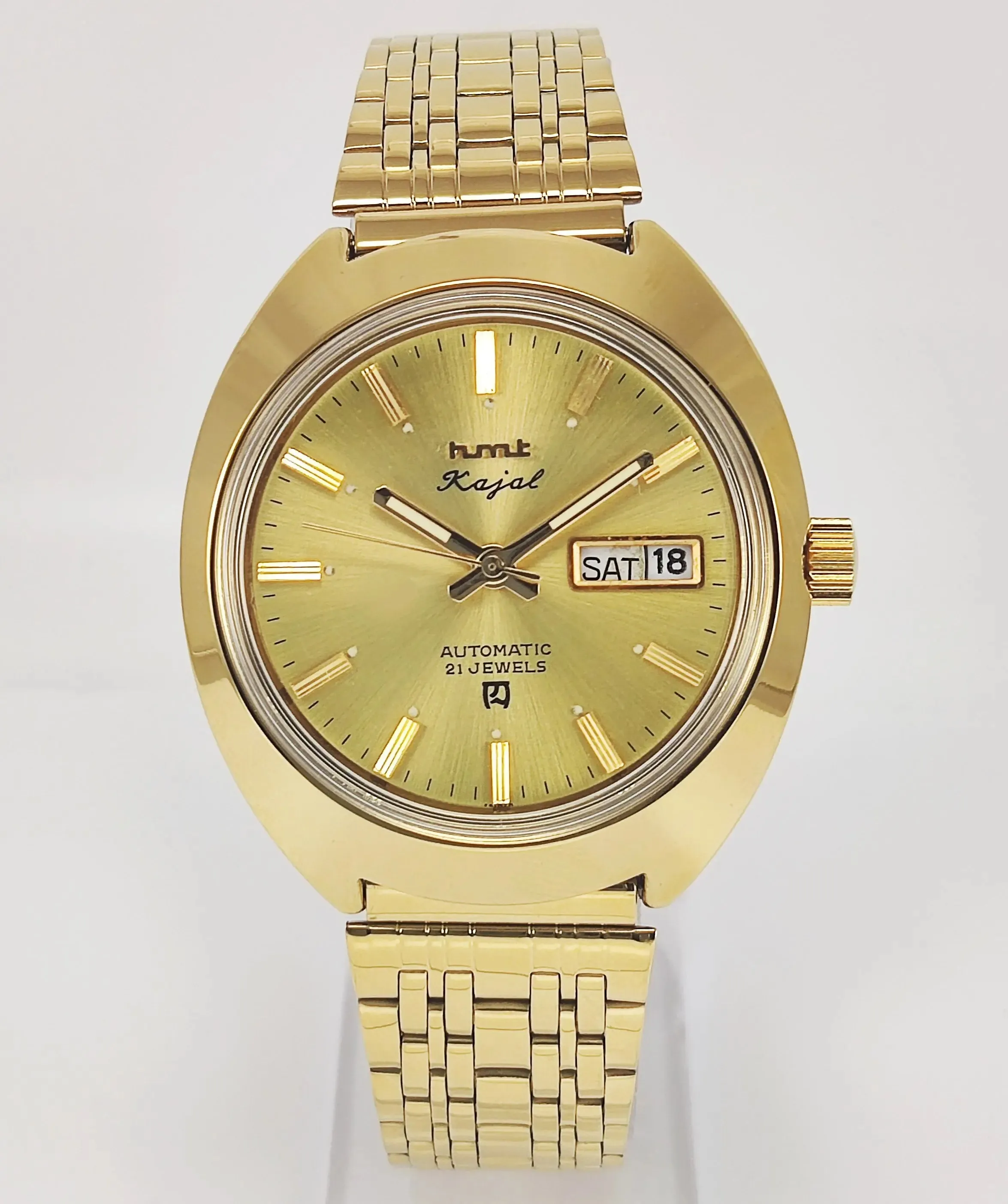 HMT Kajal Para Shock 21 Jewels Golden Dial Day Date Function Mechanical Automatic Men's Wrist Watch