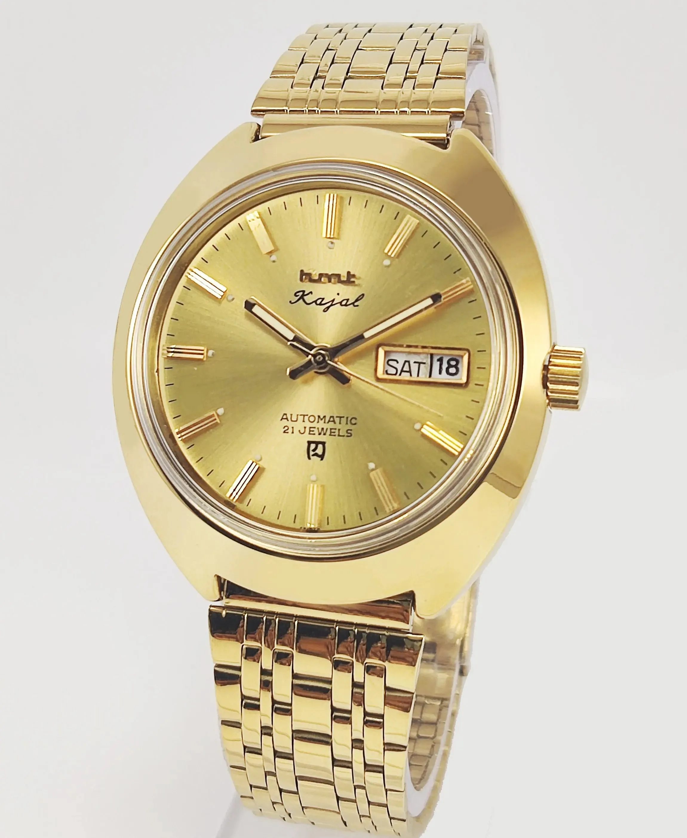 HMT Kajal Para Shock 21 Jewels Golden Dial Day Date Function Mechanical Automatic Men's Wrist Watch