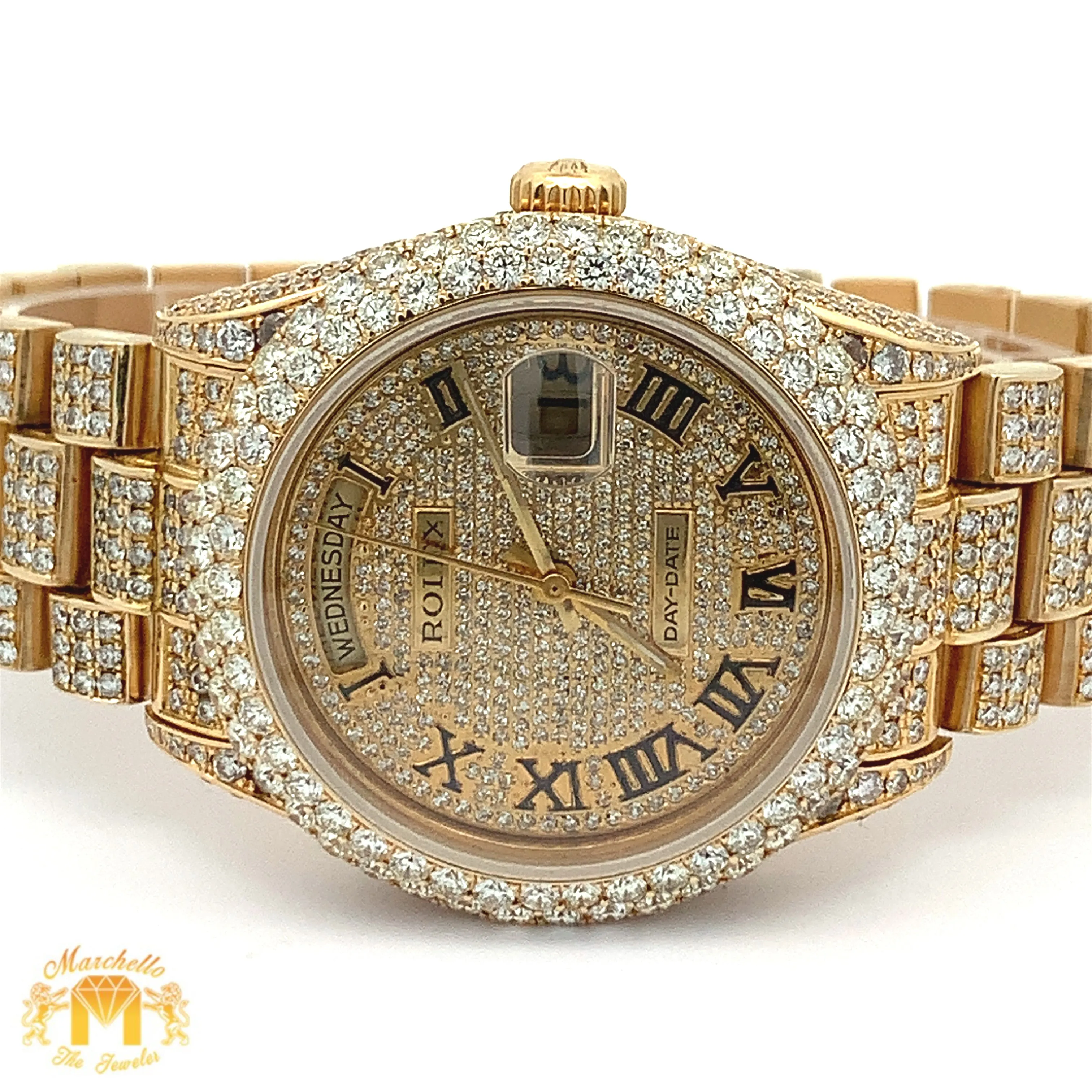 Iced out 36mm Rolex Presidential Watch (diamond dial with Roman numerals)