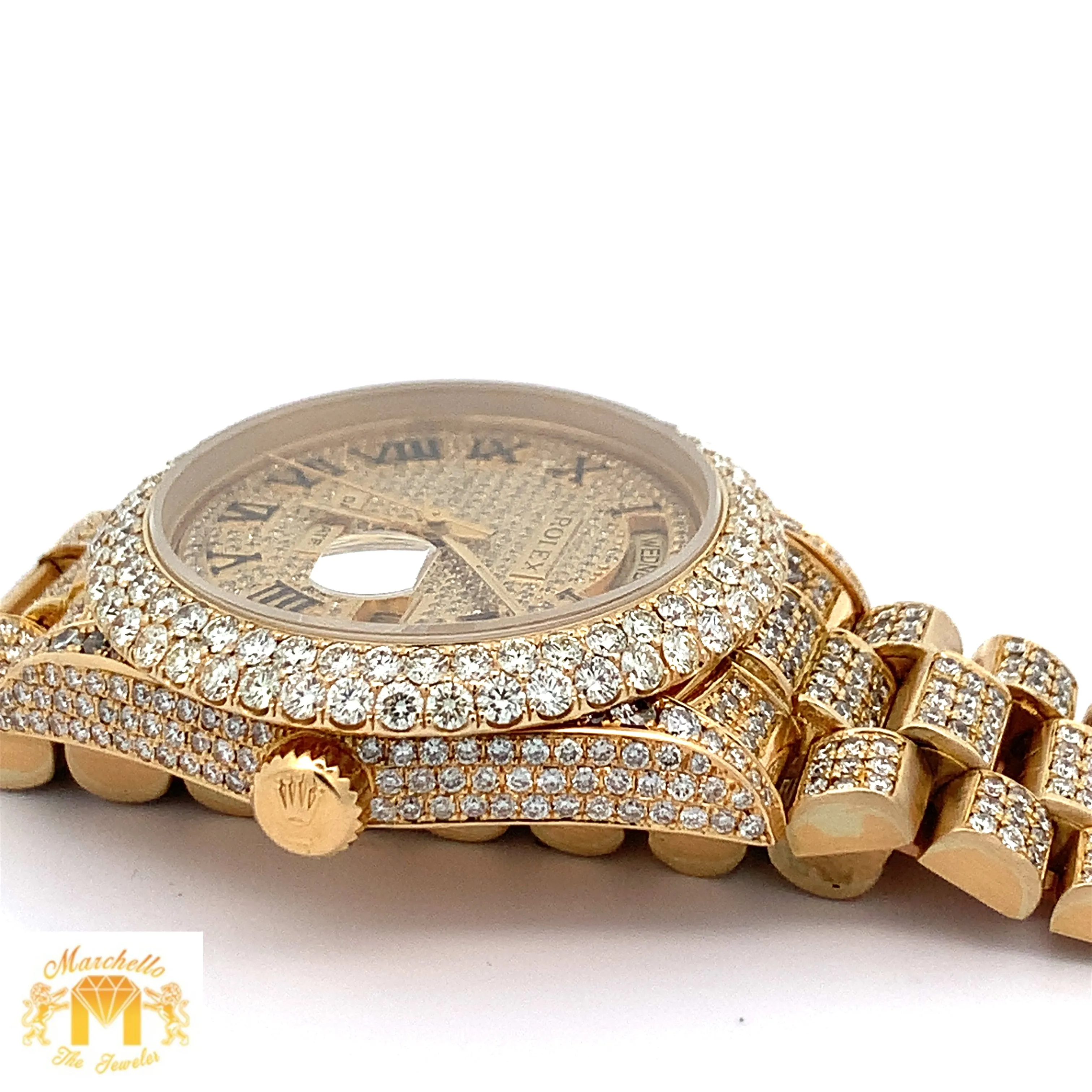Iced out 36mm Rolex Presidential Watch (diamond dial with Roman numerals)