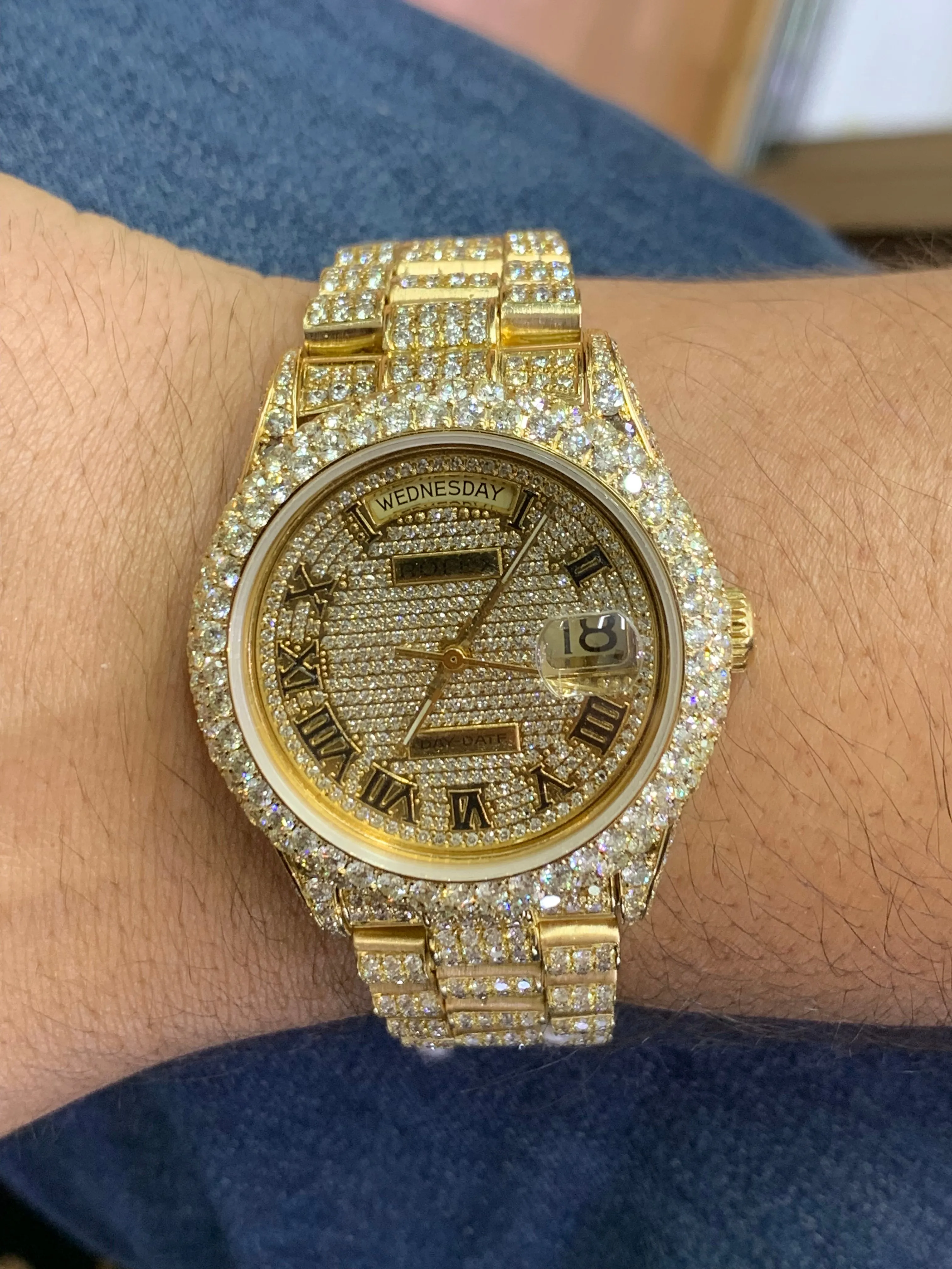 Iced out 36mm Rolex Presidential Watch (diamond dial with Roman numerals)