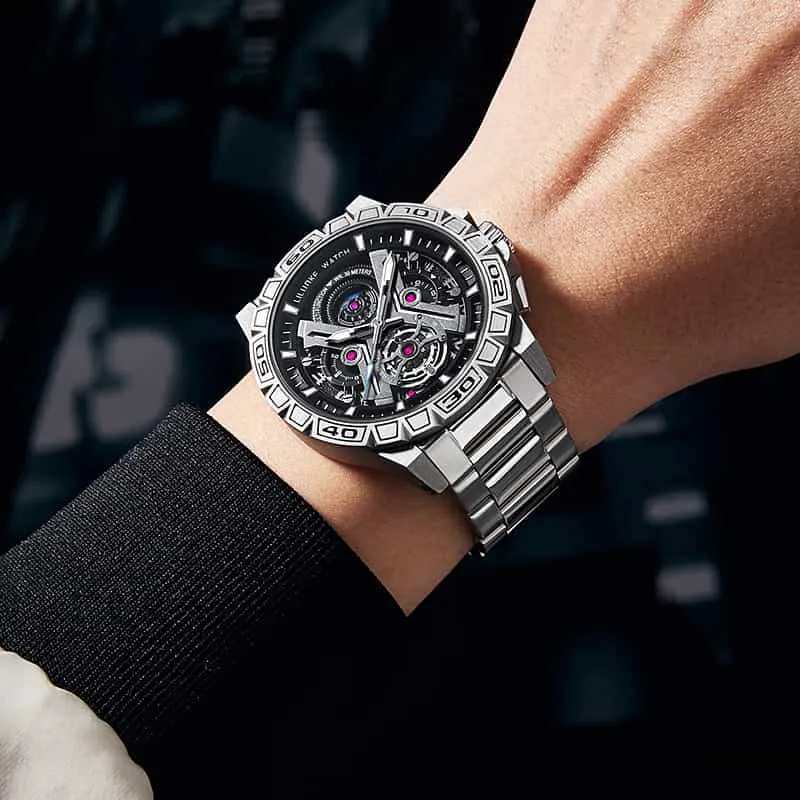 Luxury Brand Creative Big Dial Hollow Skeleton Tourbillion Winder Mechanical Watches For Men Silver