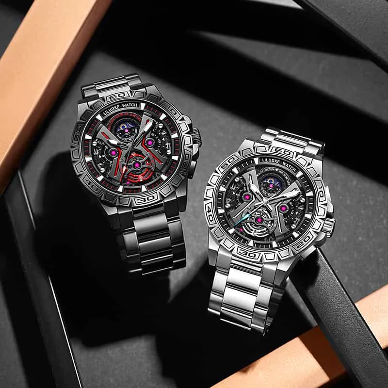 Luxury Brand Creative Big Dial Hollow Skeleton Tourbillion Winder Mechanical Watches For Men Silver