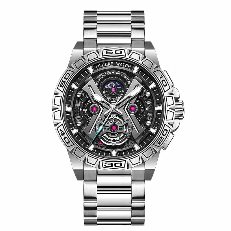 Luxury Brand Creative Big Dial Hollow Skeleton Tourbillion Winder Mechanical Watches For Men Silver