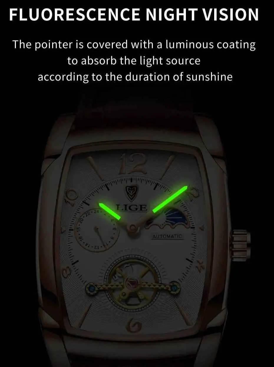 Luxury Gold Automatic Mechanical Men Watches Moon Phase Leather Strap Waterproof Skeleton Self Wind Wristwatch
